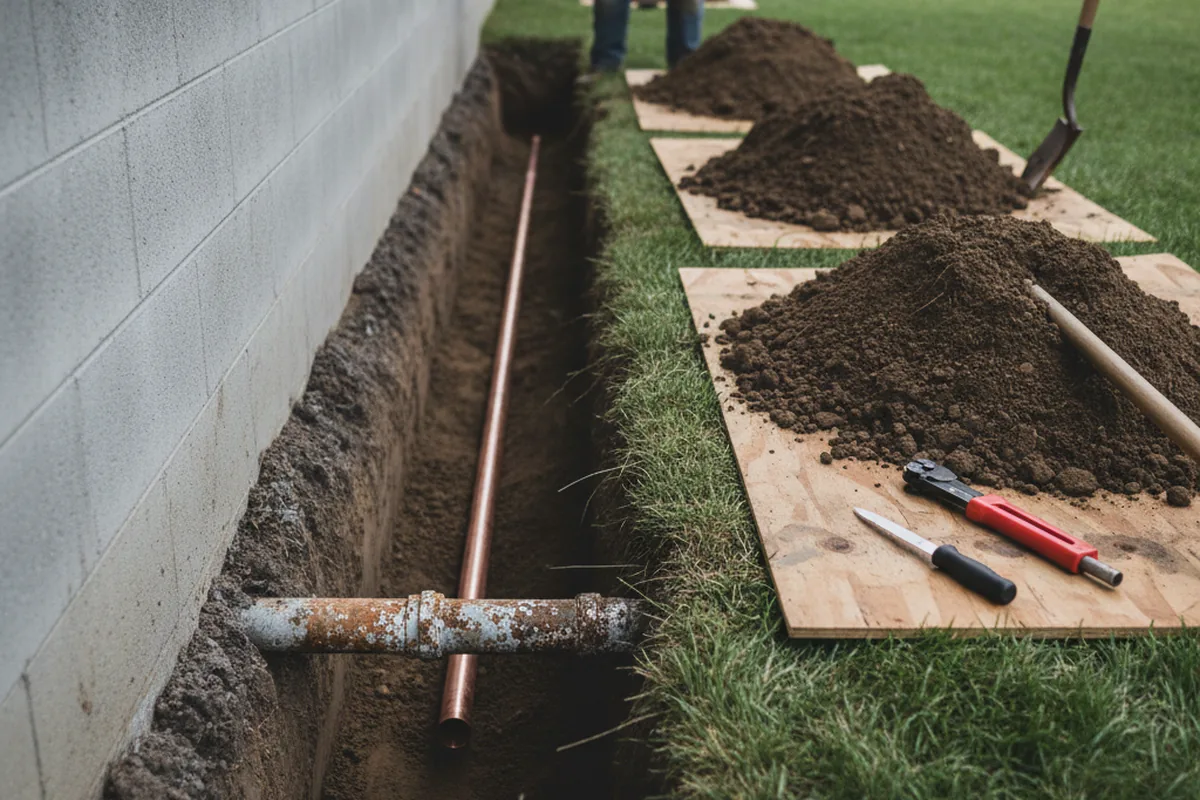 Excavated water line trench during Water Softener Installation in Joppa
